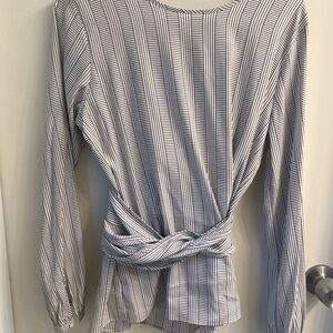 Ann Taylor Navy and White Striped Blouse with Waist Tie